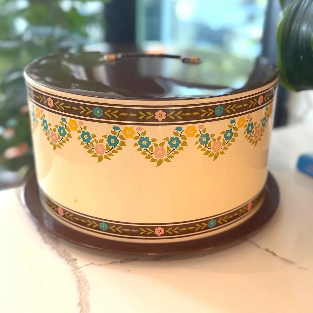 Vintage 1960s Ballonoff Metal Cake Carrier Brown Cream Floral Tin Retro Kitchen